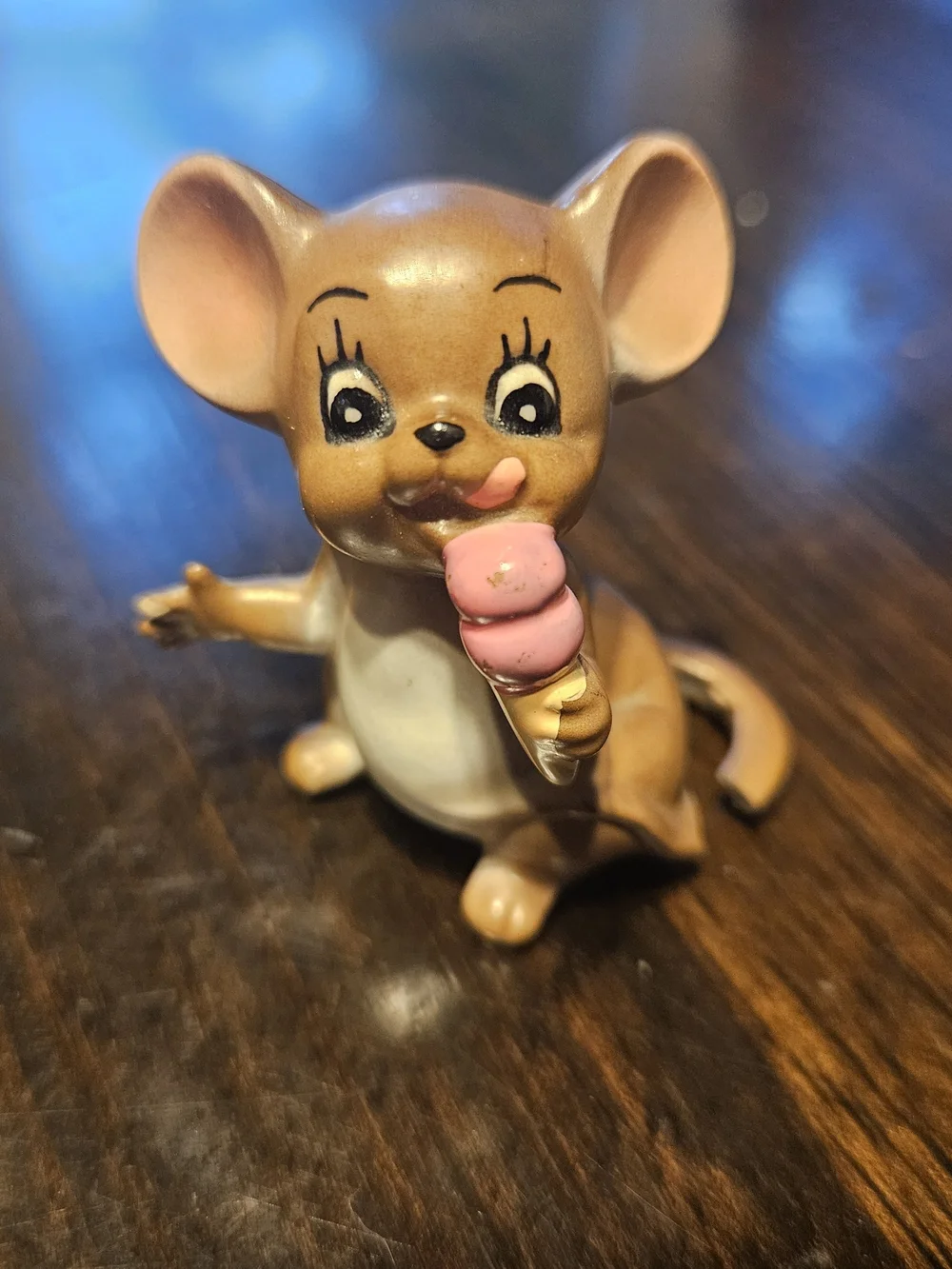 Vintage Brown Ceramic Mouse Figurine with Pink Ice Cream Treat